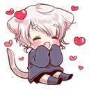 A cute anime-style catboy with white hair and cat ears sitting and smiling surrounded by floating pink hearts.