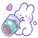 A cute white bunny with pink cheeks happily sipping from a cup while surrounded by floating hearts and sparkles.