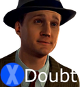 Man in a hat with a skeptical expression next to a blue X button and the word Doubt.