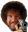 Bob Ross smiling while holding a handgun pointed forward.