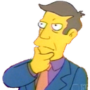 Seymour Skinner with a yellow face and blue suit rests his chin on his hand while looking skeptically to the side.