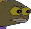 A cartoon fish with a brown body and large yellow eyes looking sideways with a suspicious, judgmental expression.