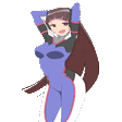 Anime girl with long brown hair in a purple and black suit dancing rhythmically.