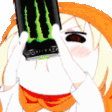 Anime character with glowing red eyes chugging a dark energy drink can.