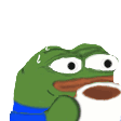 A green frog with a nervous expression shaking while holding a white cup.