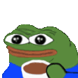 Pepe the Frog holding a white cup and sipping a brown beverage with a smug expression.