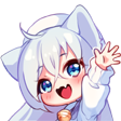 Anime girl with cat ears waving happily with a bright smile.