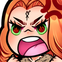A chibi-style character with orange hair and glowing green eyes shouting in a fit of extreme rage.