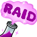 A potion bottle emitting a sparkling purple cloud with the word RAID written inside it.