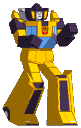 A yellow robot with blue accents performs a repetitive dance move in a pixel art style.