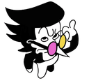 A puppet character with one pink lens and one yellow lens looking sideways with a skeptical expression.