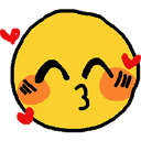 Yellow smiley face with rosy cheeks blowing a kiss surrounded by red hearts.