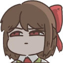 Anime girl with brown hair and a red ribbon looking suspicious with narrowed eyes.