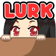 Anime girl with red eyes peeking over a brown ledge with the text LURK above her head.