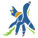 A blue, multi-limbed creature waving its arms in a frantic, playful motion.