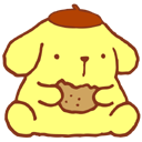 Pompompurin the yellow dog with a brown beret sits and eats a brown cookie.