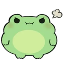 A round green frog with a grumpy face and a small steam puff above its head.