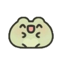 A small, round green frog with a wide, happy, open-mouthed smile.