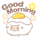 A fluffy white sheep wearing a sunny-side-up egg on its head with the text good morning and a small sun icon.