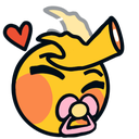 A yellow character with a pacifier and a heart icon above its head being patted by a hand.