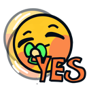 A yellow circular face with a green pacifier and a smug expression, accompanied by the orange text YES.