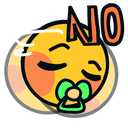 A stylized yellow face with a green pacifier shaking its head back and forth with the word NO written above it.