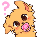 A yellow puppy with a pink pacifier in its mouth looks confused with a pink question mark floating above its head.