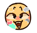 A yellow smiley face with a mischievous grin showing sharp fangs, decorated with colorful star, heart, and moon stickers.