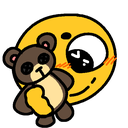 A blushing yellow smiley face cuddling a small brown teddy bear.