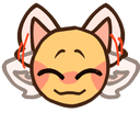A yellow creature with a happy expression and blushing cheeks has twitching ears.