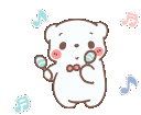 A small white bear with rosy cheeks happily shakes two maracas while musical notes float around it.