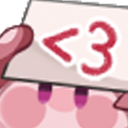 A round pink creature holds up a white sign with a red heart symbol drawn on it.