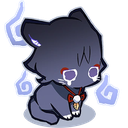 A small, dark-colored cat-like creature with glowing blue eyes and tears, surrounded by a faint blue aura.