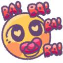 A yellow cartoon face with heart-shaped eyes and a pink pacifier, surrounded by the text BA! in red.