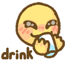 A round yellow character with a blushing face holds a glass and takes a drink, with the word drink written in brown text bel…