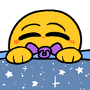 Yellow emoji face with a purple pacifier sleeping under a blue blanket with white stars.