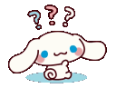 A small white puppy with long ears appears with question marks above its head before closing its eyes and smiling.
