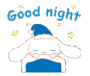 A white puppy with long ears and a blue nightcap falls asleep under yellow stars with the text Good night appearing above.