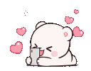A small white bear looks at a smartphone with a happy expression surrounded by floating pink hearts.