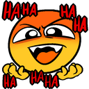 Orange emoji with a wide, toothy grin and manic eyes surrounded by red text that says HA HA.