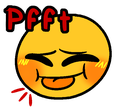 A yellow smiley face with a blushing expression and tongue sticking out, accompanied by the red text Pfft.