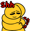 A yellow blob character embracing itself with the word Shh written in red above its head.