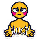A yellow character with blushing cheeks and wide eyes reaching out with open hands with the text HUG? written below.
