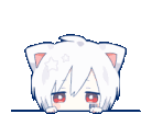 An anime character with white hair and cat ears peeks over a ledge before sliding back down out of view.