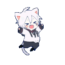 A chibi anime cat boy jumping up and down with a happy expression.