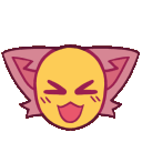A yellow creature with a happy expression and pink ears that wiggle back and forth.