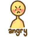 A yellow stick figure with a frowning face and pink blushing cheeks, with the word angry written in brown below it.