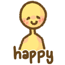 A yellow character with a simple smiling face and pink blushing cheeks, with the word happy written below it.