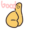 A yellow thumb-shaped character with a winking eye giving a thumbs up gesture with the word good written in pink neon text a…