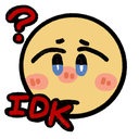 A stylized yellow face with a blushing expression and a red question mark above it, with the red text IDK written underneath.